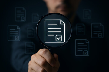 Close-up of hand holding magnifying glass focusing on digital checklist icon, symbolizing document validation, quality assurance, and auditing process in modern digital workflow

