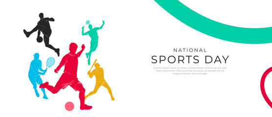 Colorful athlete silhouettes in motion, playing various sports like football, tennis, and basketball, symbolizing energy, teamwork, and celebration of National Sports Day.