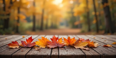 Colorful Autumn Leaves on Wooden Table with Blurred Forest Background