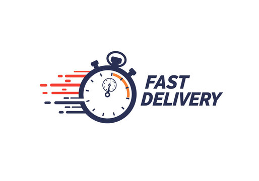 Stopwatch with motion lines and fast delivery text emphasizing speed and efficiency on white background