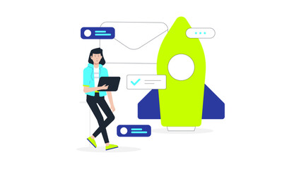 Startup running pre-launch email campaign, flat vector illustration