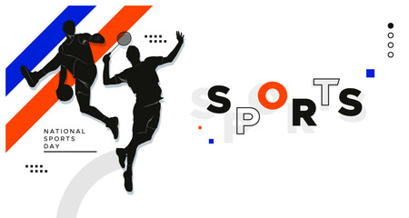 Modern sports banner with basketball and volleyball players in action silhouette. Orange and blue stripes add dynamic contrast. Clean layout with the word "SPORTS" emphasizes energy and competition.