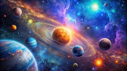 Cosmic Scene with Vibrant Galaxy and Planets in Orbit