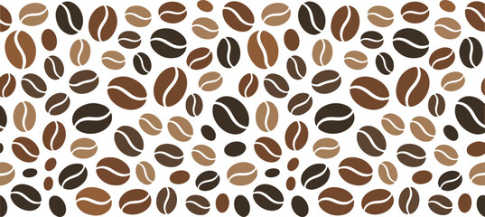 Coffee bean background in shades of brown and seamless white pattern