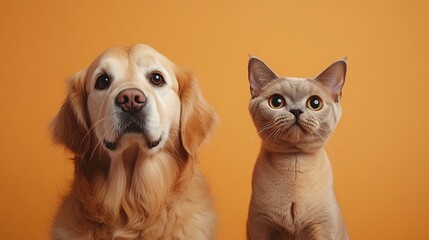 Dog and cat sitting next to each other on gradient orange background.