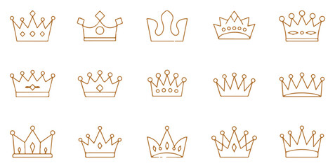 Collection of elegant gold crown icons representing royalty and luxury