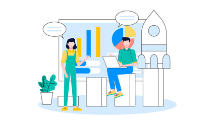 Product team coordinating feature launch, flat vector illustration