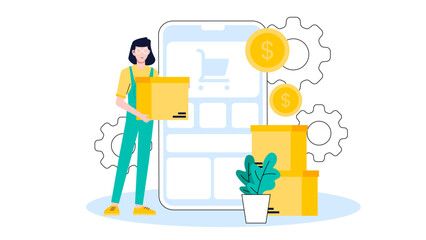 Entrepreneur managing orders on mobile dashboard, flat vector illustration