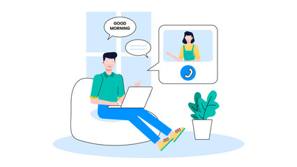 Remote workers joining morning check-in call, flat vector illustration