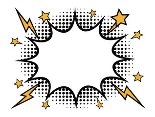 Comic book speech bubble with stars and lightning bolt elements on white
