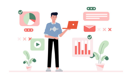 Content strategist reviewing multi-channel strategy, flat vector illustration
