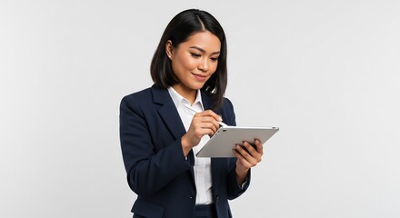 明るい室内で笑顔でタブレット操作する女性社員 真剣な表情 仕事効率アップ. AI Generated