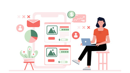 Entrepreneur managing orders on mobile dashboard, flat vector illustration