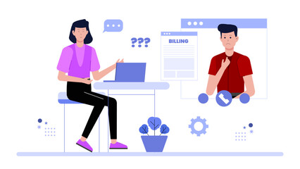 Support team resolving customer billing issues flat vector illustration