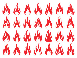 Set of twenty-four red flame icons in various shapes and styles