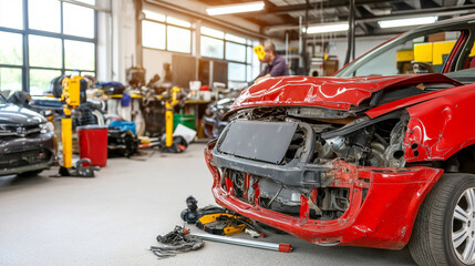 Damaged red car in auto repair shop with mechanic working in background