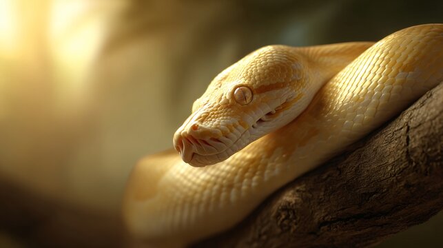 golden python wrapped around tree branch in golden hour light, exotic reptile beauty