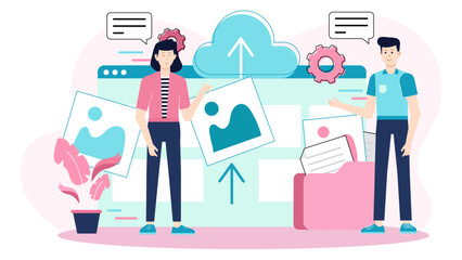 Employees collaborating on shared cloud documents flat vector illustration