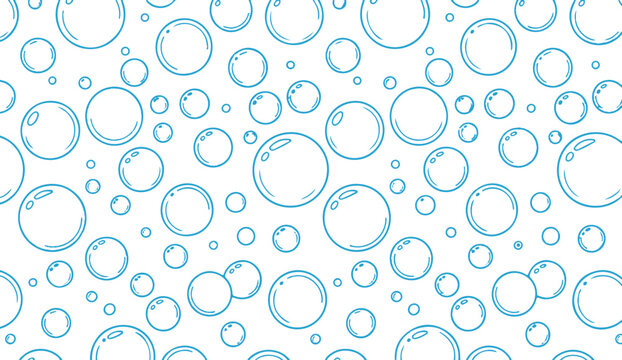 Simple and fun seamless pattern of blue soap bubbles on white background