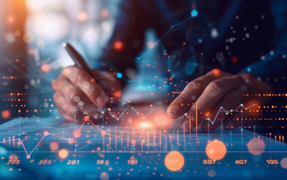 A person analyzes data trends on a digital interface, surrounded by visual graphs and abstract elements representing technology and analytics.