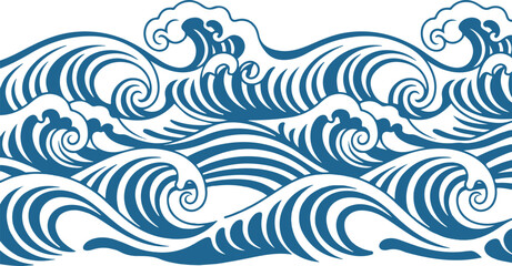 Vector illustration of blue ocean waves in a japanese style artistic design