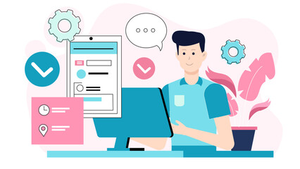 Customer success team creating self-service resources flat vector illustration