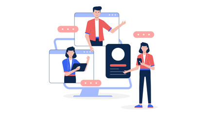 Remote team discussing OKRs in weekly video call flat vector illustration