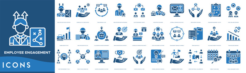 Employee Engagement Icon set. Employee Motivation Strategy, Workplace Culture Building, Team Feedback Loop, Employee Recognition Program, Staff Engagement Survey and Job Satisfaction Index