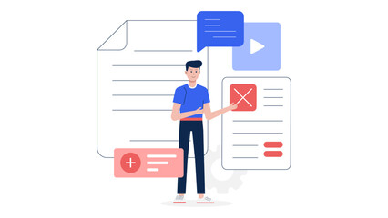 Content marketer planning evergreen article series flat vector illustration