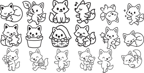 Cute Fox in Playful Activities Black and White Line Art for Children’s Coloring Book | Generative AI