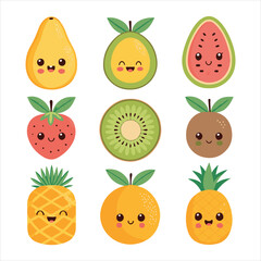 A vibrant collection of funny cartoon fruits and berries, including apple, orange, pear, strawberry, banana, peach, lemon, cherry, kiwi, pineapple, plum, perfect for healthy food illustrations