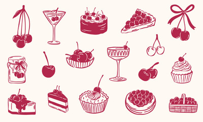 cherry illustration doodle hand drawn sketch collection set - vector