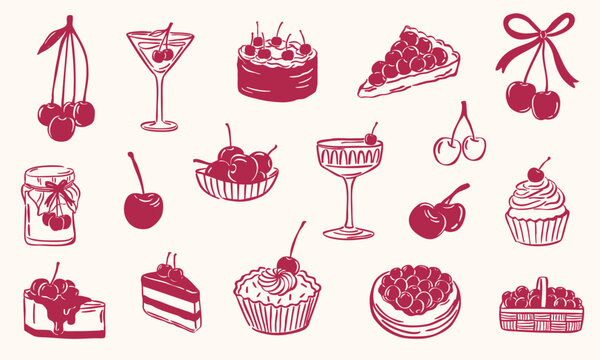 cherry illustration doodle hand drawn sketch collection set - vector