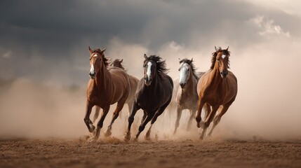 Fototapeta premium Herd of horses galloping across dusty ground under stormy sky running motion