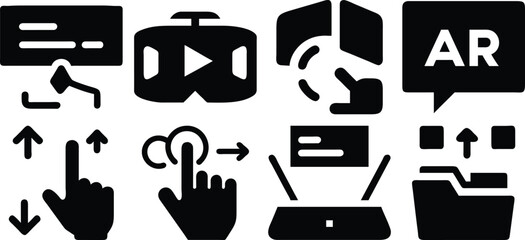 Vector art of collection of icons representing augmented reality, virtual reality, and digital interaction concepts isolated on transparent background.