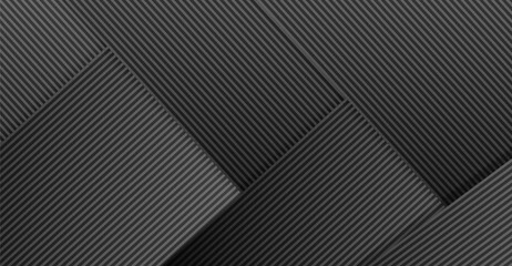 This image shows dark grey and black overlapping striped squares and triangles, creating a textured, geometric pattern with shadows and subtle gradients for a modern, sleek design