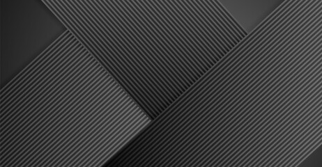 The image displays a modern, monochromatic abstract composition with layered geometric shapes, creating a textured visual in varying shades of black and gray with dynamic linear patterns