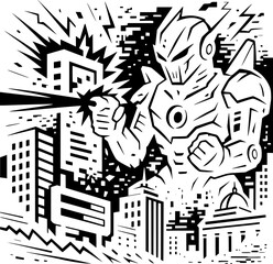 Giant Robot Destroying City &ndash; Black and White Vector Silhouette Illustration