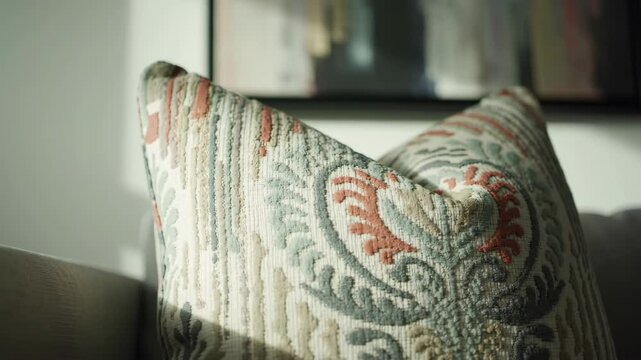 Elegant pillow on couch with painting in the background in the home