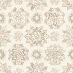 Fototapeta premium Elegant Beige and Pink Seamless Floral Mandala Pattern: Vintage Retro Wallpaper Design