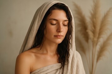 A serene young woman wrapped in a soft cloth, exuding tranquility and wellness, perfect for beauty, spa, and mindfulness themes.