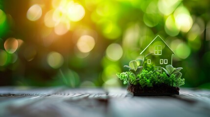 Naklejka premium A miniature green house sits atop moss, surrounded by a soft focus of lush greenery, symbolizing eco-friendliness and sustainable living.