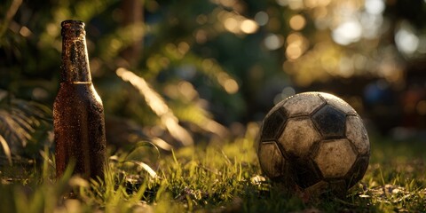 Abandoned beer bottle and a weathered soccer ball in the grass