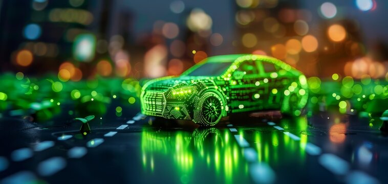 A futuristic car model illuminated with green lights stands on a digital roadway, surrounded by city bokeh, symbolizing advanced technology and smart transport.