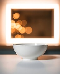 Minimalist bowl on white surface with blurred, warm light background