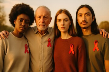 A diverse group of individuals wearing red ribbons stand together, symbolizing unity and awareness for a cause, suitable for campaigns related to health, awareness, or social issues.