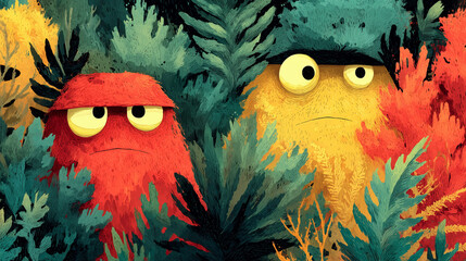 Funny monster faces hiding in bushes, Halloween wallpaper background