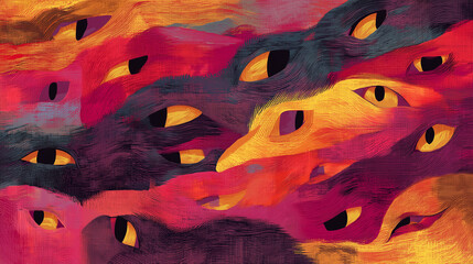 Spooky cat-like eyes in fiery abstract texture, Halloween wallpaper background