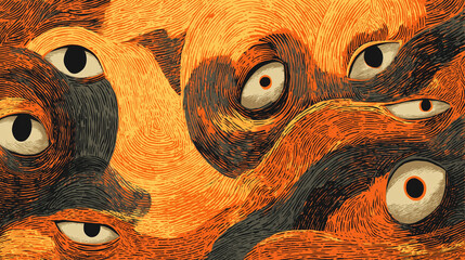 Creepy swirling eyes in fiery texture, Halloween wallpaper background
