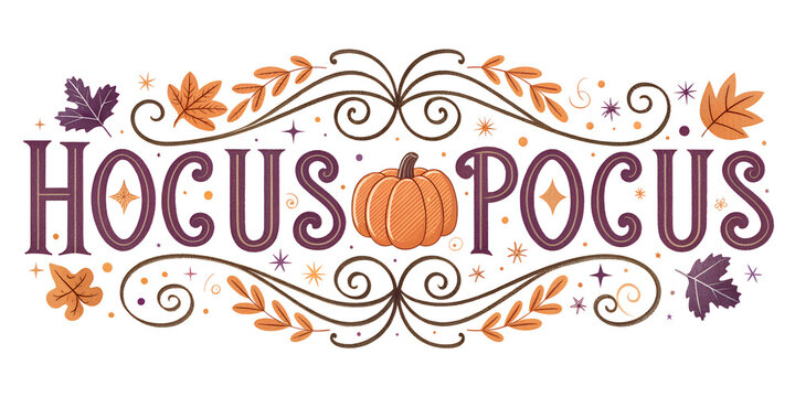 Halloween celebration design featuring hocus pocus with pumpkin and autumn leaves